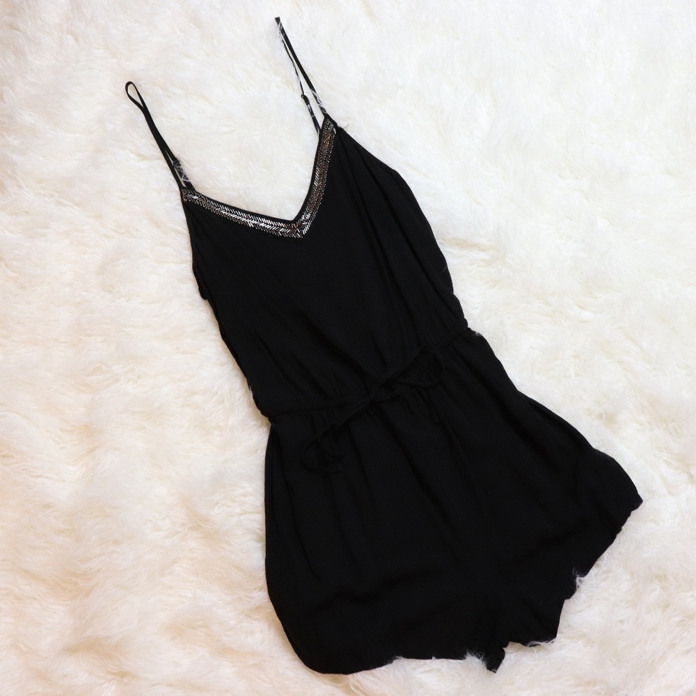 Beaded Neck Black Romper